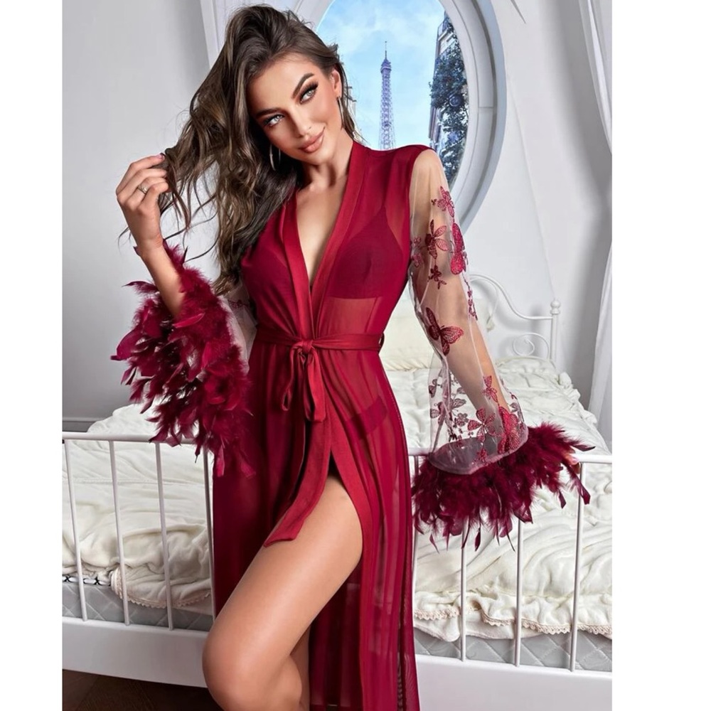 Butterfly and Floral Embroidered Feather Belted Robe π - Picture 1 of 7